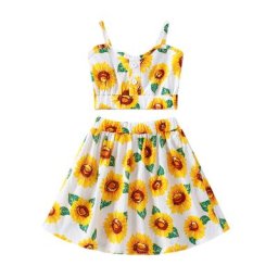 Ensemble deux pièces imprimé tournesol pour petite fille haut court et jupe sans manches écharpe