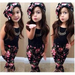Été chaud enfants filles vêtements sans manches noir gilet à fleurs pantalon écharpe enfants mode