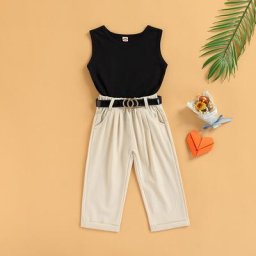 Ensemble de vêtements d'été pour filles 3 pièces couleur unie débardeur sans manches pantalon