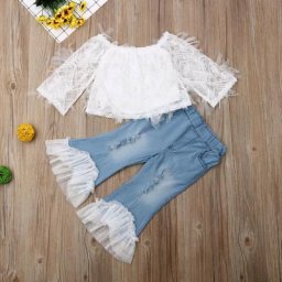 T-shirt d'été en dentelle pour petites filles hauts et pantalons en jean détruit ensemble de