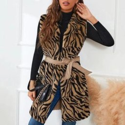 Gilet chaud en peluche imprimé léopard pour femme gilet avec ceinture décontracté collection