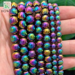 Perles rondes en hématite plaquées arc-en-ciel pour bijoux breloques de bricolage bracelet