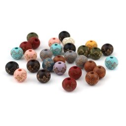 Perles d'espacement rondes en bois de bohème motif de fleurs perle en bois vintage pour bijoux