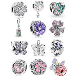 Pendentif fleur couleur printemps Clip papillon trèfle à quatre feuilles perle argent Sterling 925