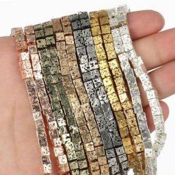 Perles de pierre de lave volcanique carrées naturelles couleur or argent de 4mm perles