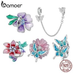 Bamoer-Bracelet et jonc en argent regardé 925 pour femme perle de fleur et d'oiseau breloques