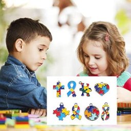 Pendentif carré en forme de cœur pour la sensibilisation à l'autisme ruban plaqué or avec Puzzle