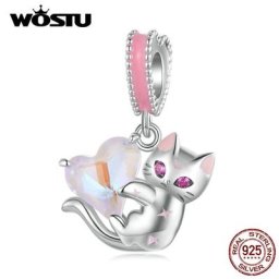 WOSTU-Bracelet et collier en argent regardé 925 pour femme perle de chat verre rose en forme de
