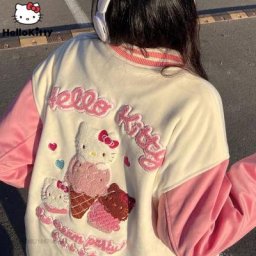 Hello Kitty-Veste de baseball brodée rose pour femme sweat-shirt en peluche manteau de mode