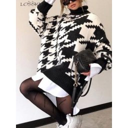 Robe longue pull automne hiver mode pied de poule noir col roulé à manches longues tricoté hauts