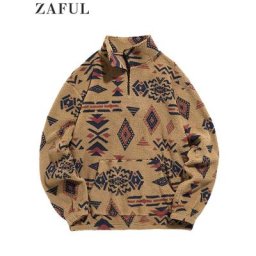 ZAFUL – sweat à capuche pour hommes Faux Sherpa pull à fermeture éclair imprimé ethnique