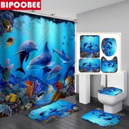 Rideau de douche imperméable avec couvercle de toilette impression 3D monde sous-marin océanique