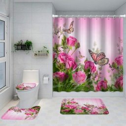 Rideaux de douche roses ensembles de rideaux de bain papillon avec tapis fleurs en fleurs