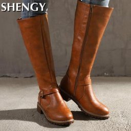 Bottes longues en cuir vintage pour femmes botte de chevalier talon carré botte haute au genou