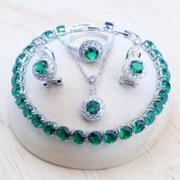 Parure de Bijoux en Argent 925 pour Femme Boucles d'Oreilles Rondes Vertes CZ Bagues Bracelets