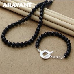 Ensemble de bijoux en perles noires pour femmes collier et Bracelet en perles d'eau douce