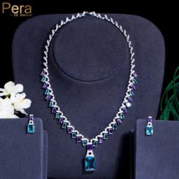 Pera – grand collier et boucles d'oreilles carrées en cristal bleu violet ensemble de bijoux en