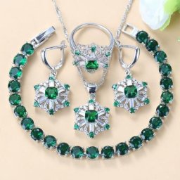 Ensemble de bijoux de mariage pour femmes boucles d'oreilles Bracelet bague vert Zircon argent