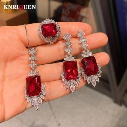 AdrenGemstone-Ensembles de bijoux de luxe pour femmes collier pendentif bague boucles d'oreilles