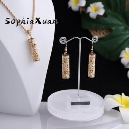 SophiaXuan-Ensembles de bijoux hawaïens pour femmes Boucles d'oreilles dorées Creux Out PlumBR