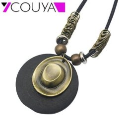 Automne Hiver Simple Café Vert En Bois Pendentif Longue Chaîne En Cuir Collier Femmes Bijoux