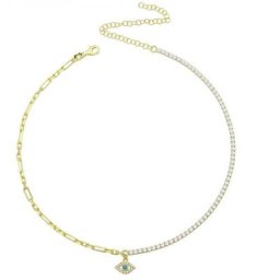 Demi-trombone mince CZ Tennis JOLucky turc mauvais œil breloque tour de cou collier pour femme