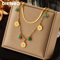 DIEYURO – collier en acier inoxydable 316L 2 couches pendentif fleur de pierre verte pour femmes