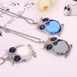 Collier avec pendentif en cristal pour femme mignon hibou bleu blanc chaîne de pull en strass