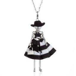 JOStatement-Collier pendentif pour femme long nœud papillon rayé noir et blanc chapeau noir