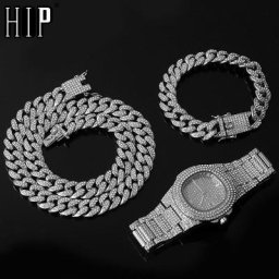 Collier + montre + Bracelet Hip Hop Miami chaîne cubaine couleur or glacé strass pavé bijoux