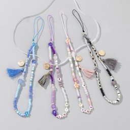 Pendentif de téléphone portable en poterie douce pour femme perle de riz pompon court lanière