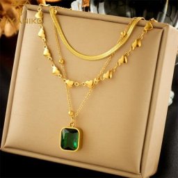XIYANIKE – Collier en acier inoxydable pour femmes pendentif carré vert en Zircon accessoires