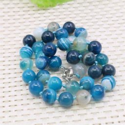 Collier à rayures bleues rondes de 10mm Agates et Onyx en pierre naturelle fait à la main pour