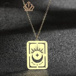 QIMING-Collier en acier inoxydable pour femme carte de tarot croissant de lune sorcellerie