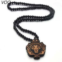 VOQ-Collier Long avec Pendentif Hip Hop Rock pour Homme The Discuting King Pull en Perles de Bois