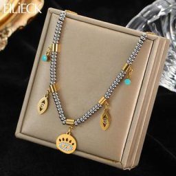 EILIECK-Collier pendentif grands yeux en acier inoxydable pour femme perles faites à la main