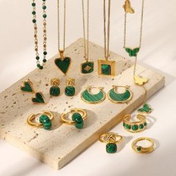 Stainelsss-Collier Vintage Plaqué Or pour Femme Pendentif Malachite Verte Boucle d'Oreille Bague