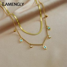LAMENGLY SION L-Collier Multicouche en Acier Inoxydable pour Femme Pendentif en Forme d'Oeil