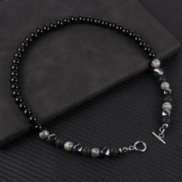 Collier de Perles en Pierre Naturelle Œil de Tigre pour Homme Hématite Support en Acier