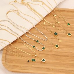 Collier pendentif émeraude en acier inoxydable pour femme perles superposées bijoux fantaisie