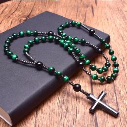 Chapelet Catholique du Christ Colliers de la raq Oeil de Tigre Vert Onyx avec Pendentif Croix