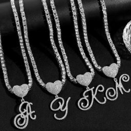 Flatfoosie New Iced Out A-Z Cursive Letter Pendant Necklace For Women Bling Crystal Heart Initial