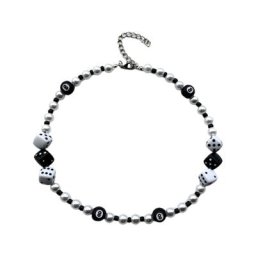 Collier de perles de perles simulées vintage tour de cou punk pendentif billard 8 dés 4XBF