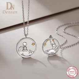 Collier petit prince et renard en argent regardé 925 pour femme design original pendentif couple