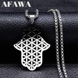 Collier Main Hamsa en Acier Inoxydable Argent Pendentif Fleur de Vie Main de Fatima Bijoux