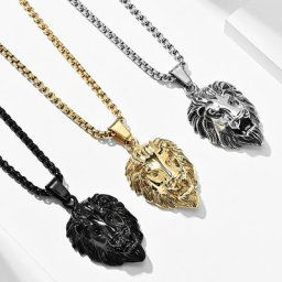 Collier pendentif tête d'animal en acier inoxydable pour hommes Hip Hop Rock argent or noir