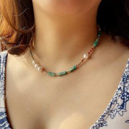 Boho Imitation Pearl Necklace Female Agate Green Semi-Precious Stone Fashion Handmade Clavicle