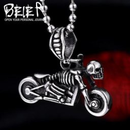 Beier – pendentif punk en acier inoxydable 316L collier avec crâne de moto pour homme bijoux à la