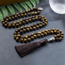 Collier en œil de tigre jaune naturel de 8mm ensemble de bijoux de Yoga de méditation 108 perles