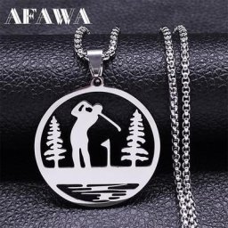 Collier sur le thème du parcours de golf sportif pour homme acier inoxydable document argenté